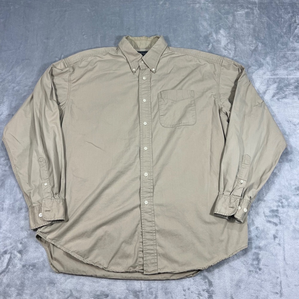 BANANA REPUBLIC Vintage Mens Button Down Shirt XL Tan Khaki Cotton Twill LS Y2K